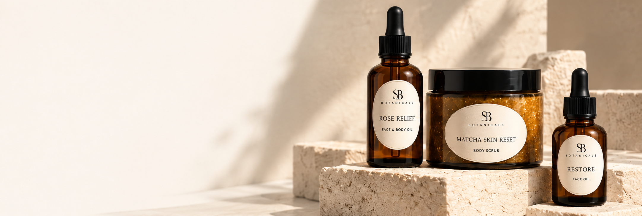 SB Botanicals face oils and matcha body scrub on cream stone blocks